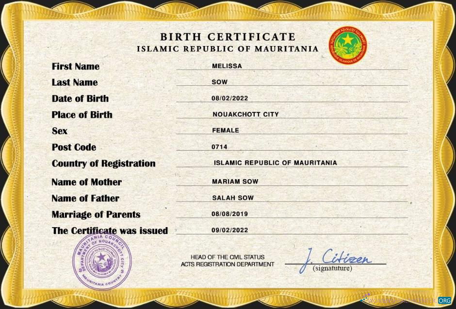 Профессиональный Скачать Мавритания Birth Certificate PSD Шаблон Photoshop Шаблон