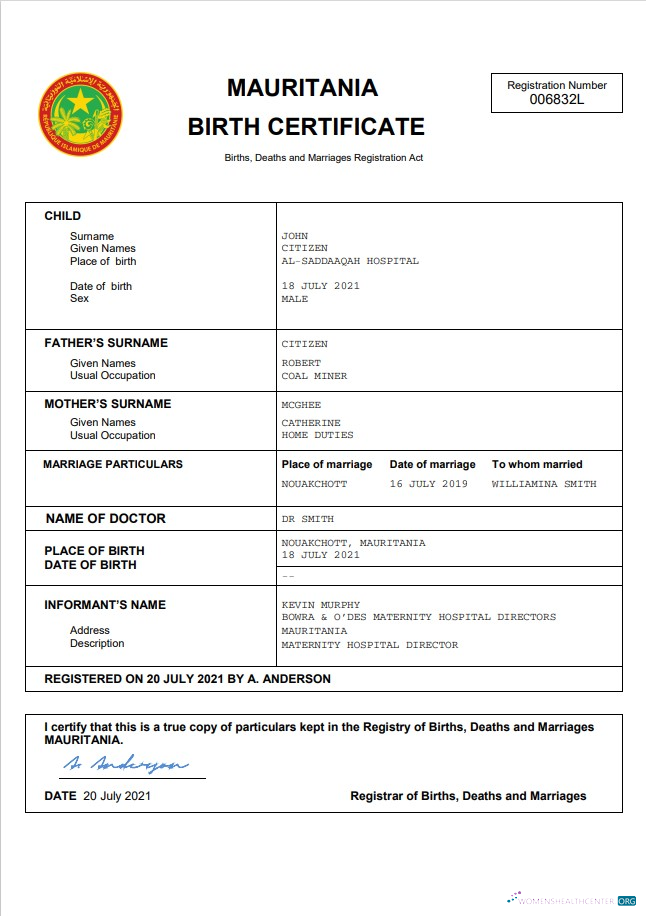 Качественный Скачать Мавритания Birth Certificate Word и PDF Шаблон Photoshop Шаблон