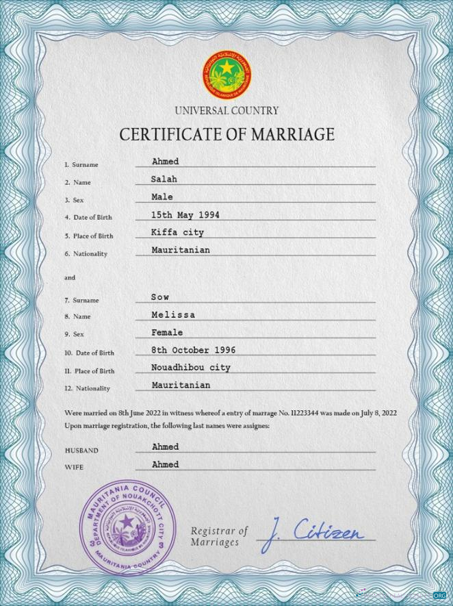 Качественный Скачать Мавритания Marriage Certificate PSD Шаблон Photoshop Шаблон