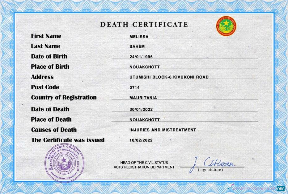 Реалистичный Скачать Мавритания Vital Record Death Certificate PSD Шаблон Photoshop Шаблон