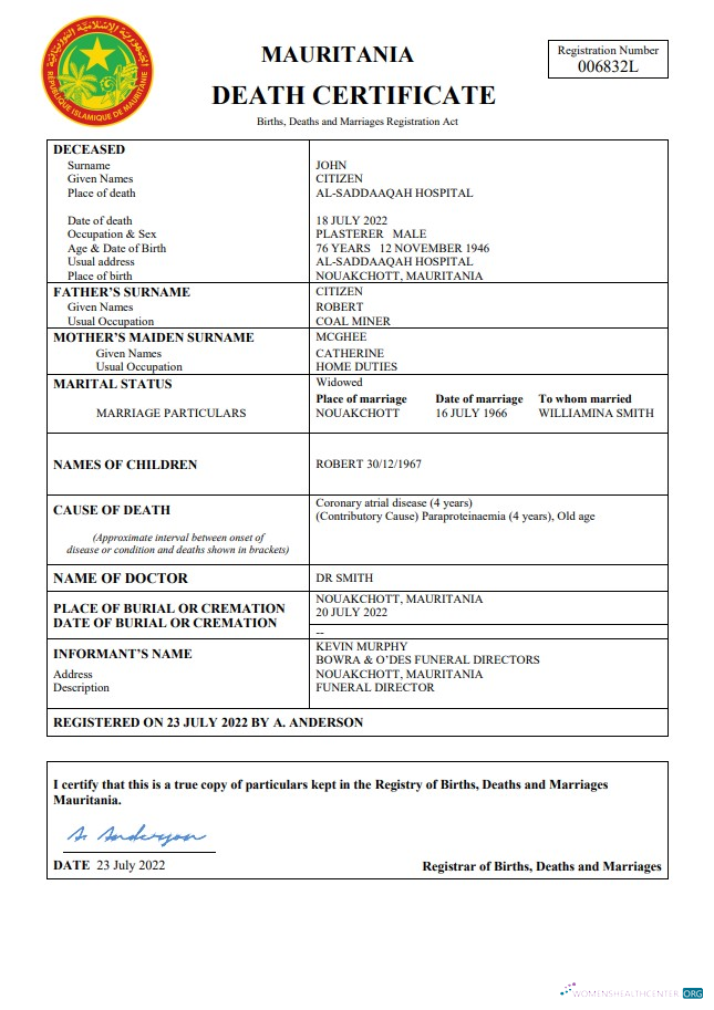 Премиум Скачать Мавритания Vital Record Death Certificate Word и PDF Шаблон Photoshop Шаблон