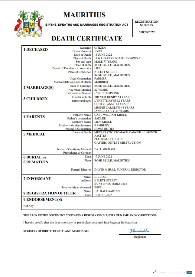 Профессиональный Скачать Маврикий Death Certificate Word и PDF Шаблон, Completely Editable Photoshop Шаблон
