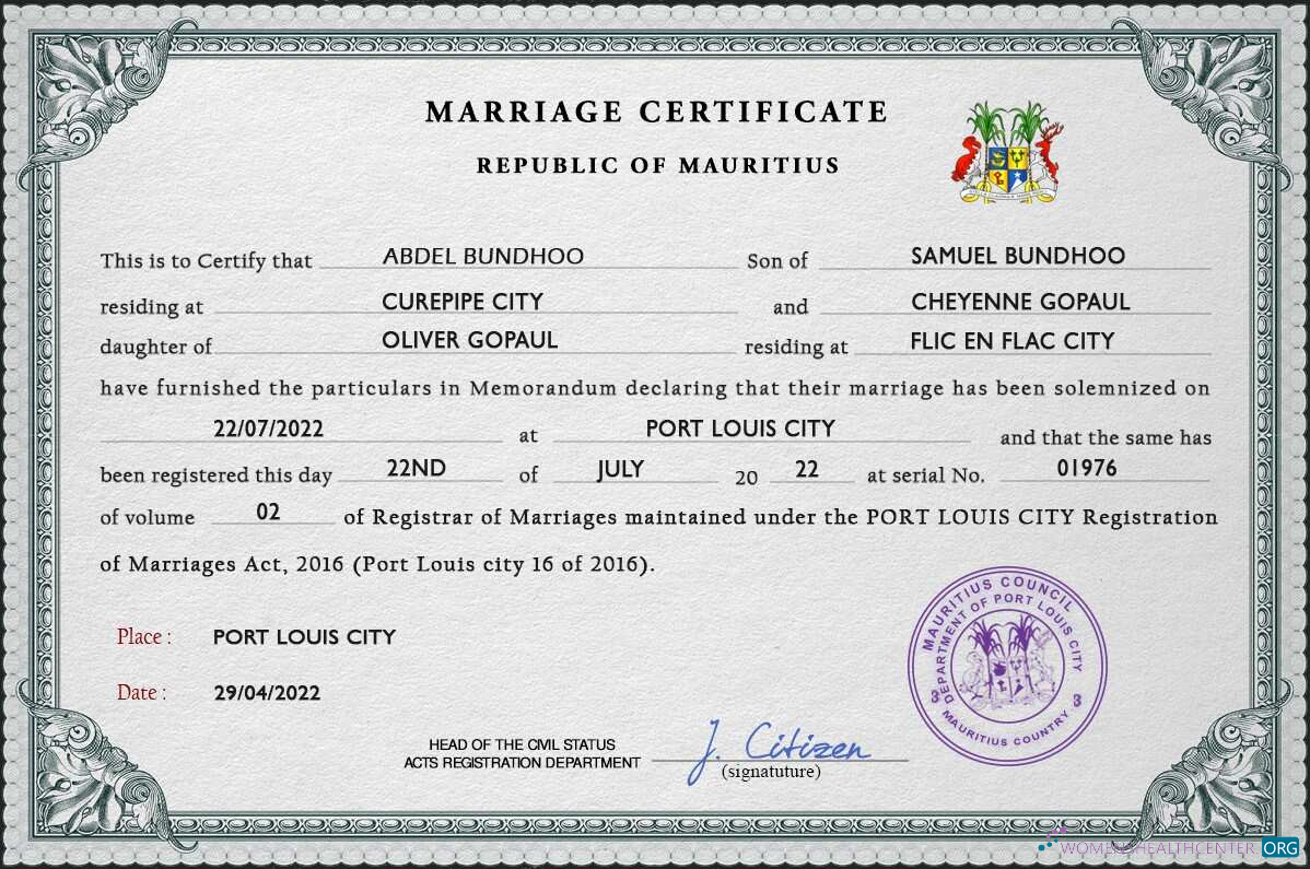 Редактируемый Скачать Маврикий Marriage Certificate PSD Шаблон Photoshop Шаблон