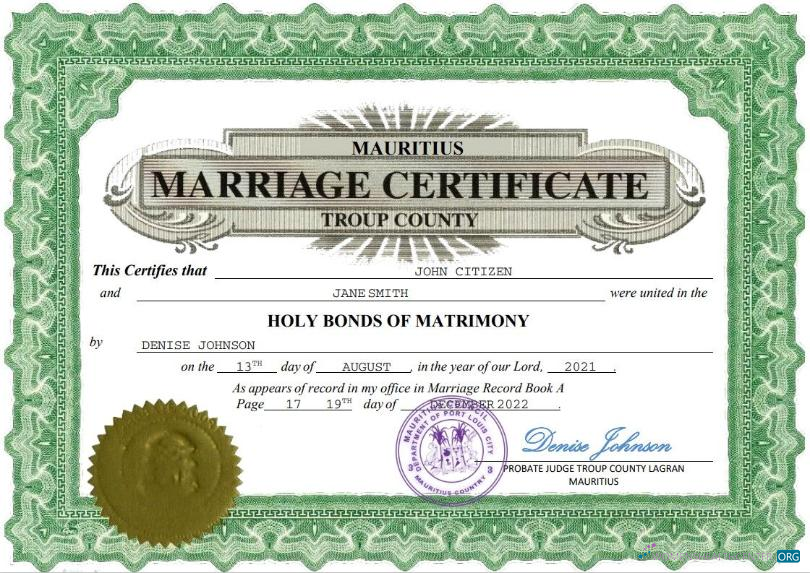 Качественный Скачать Маврикий Marriage Certificate Word и PDF Шаблон Photoshop Шаблон