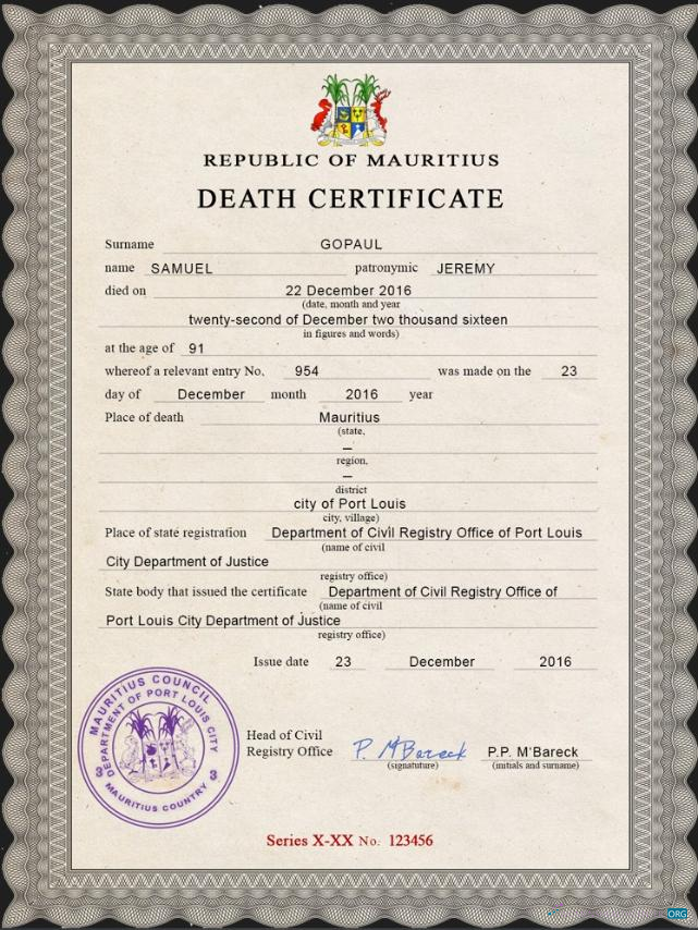 Профессиональный Скачать Маврикий Vital Record Death Certificate PSD Шаблон Photoshop Шаблон