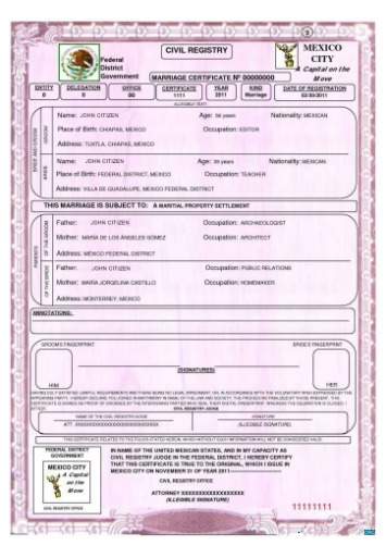 Реалистичный Скачать Мексика Civil Registry Marriage Certificate Photoshop Шаблон