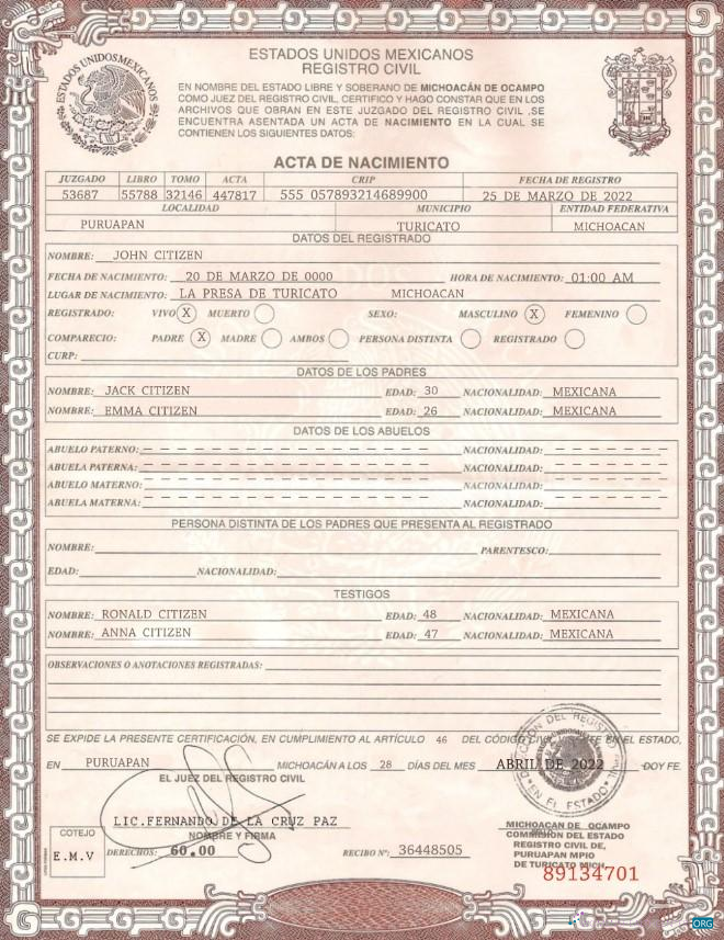 Реалистичный Скачать Мексика Birth Certificate Шаблон в PSD Формат Photoshop Шаблон