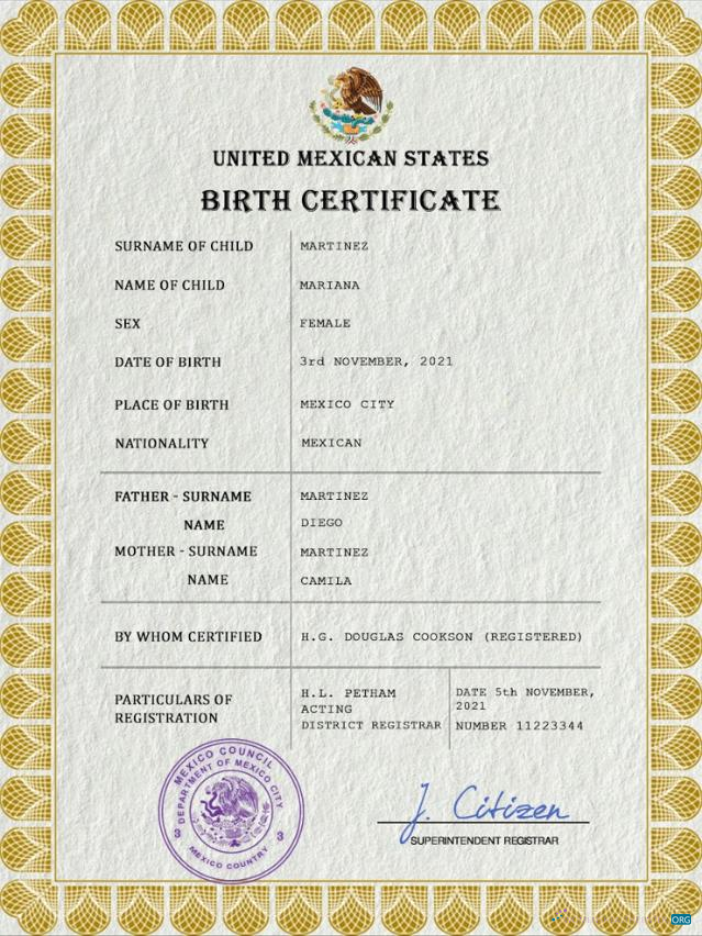 Редактируемый Скачать Мексика Vital Record Birth Certificate PSD Шаблон Photoshop Шаблон