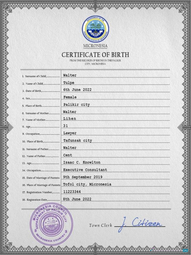 Профессиональный Скачать Micronesia Birth Certificate PSD Шаблон Photoshop Шаблон