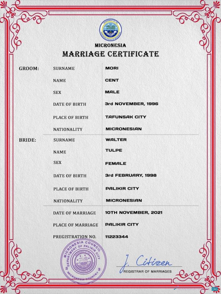 Премиум Скачать Micronesia Marriage Certificate PSD Шаблон Photoshop Шаблон