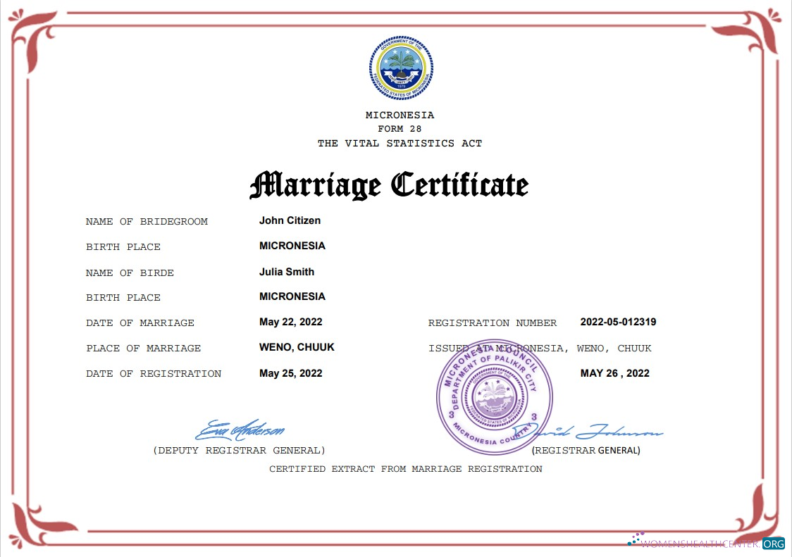 Профессиональный Скачать Micronesia Marriage Certificate Word и PDF Шаблон Photoshop Шаблон