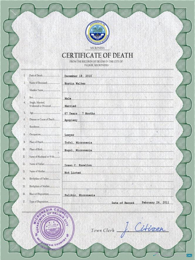 Премиум Скачать Micronesia Vital Record Death Certificate PSD Шаблон Photoshop Шаблон