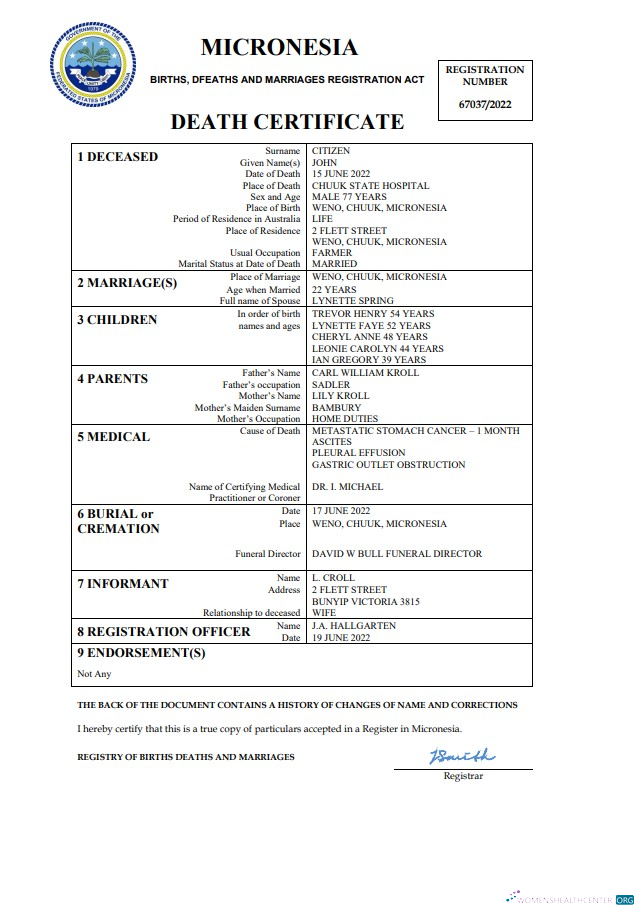 Редактируемый Скачать Micronesia Vital Record Death Certificate Word и PDF Шаблон Photoshop Шаблон