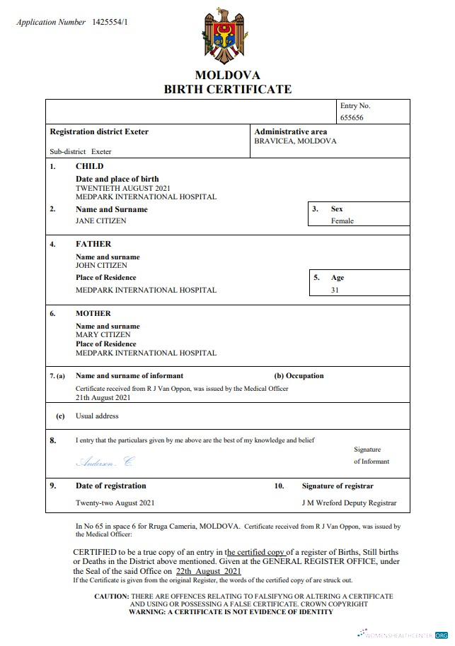 Реалистичный Скачать Молдова Birth Certificate Word и PDF Шаблон Photoshop Шаблон