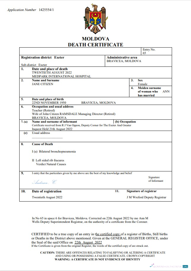Реалистичный Скачать Молдова Death Certificate Word и PDF Шаблон Photoshop Шаблон