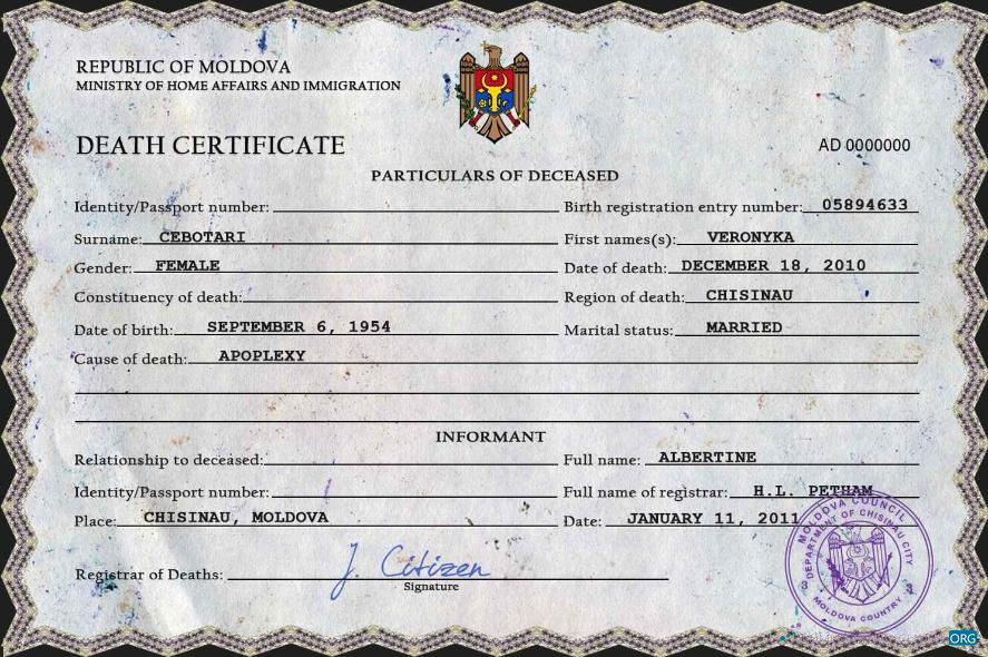 Редактируемый Скачать Молдова Vital Record Death Certificate PSD Шаблон Photoshop Шаблон