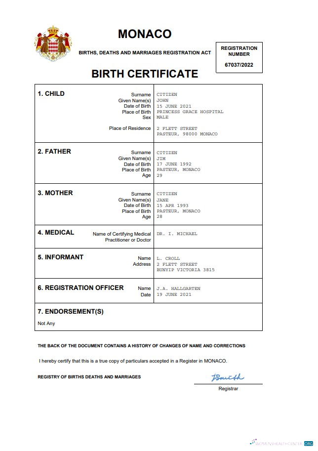 Реалистичный Скачать Монако Vital Record Birth Certificate Word и PDF Шаблон Photoshop Шаблон