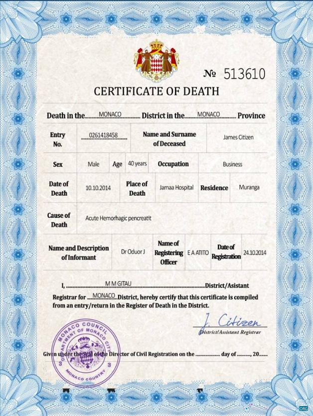 Премиум Скачать Монако Vital Record Death Certificate PSD Шаблон Photoshop Шаблон