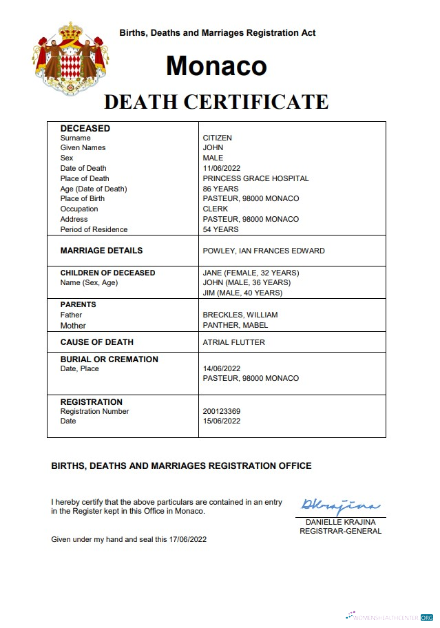 Профессиональный Скачать Монако Vital Record Death Certificate Word и PDF Шаблон Photoshop Шаблон