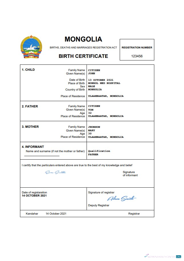 Редактируемый Скачать Монголия Birth Certificate Word и PDF Шаблон Photoshop Шаблон