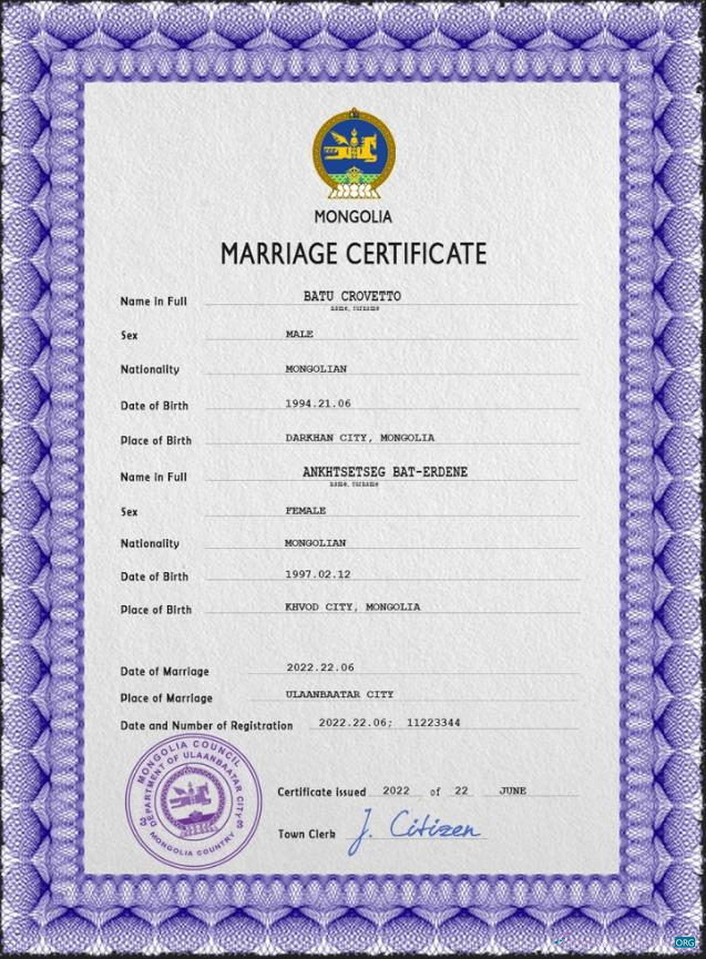 Реалистичный Скачать Монголия Marriage Certificate PSD Шаблон Photoshop Шаблон
