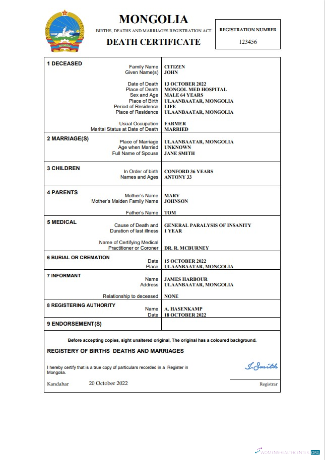 Редактируемый Скачать Монголия Vital Record Death Certificate Word и PDF Шаблон Photoshop Шаблон