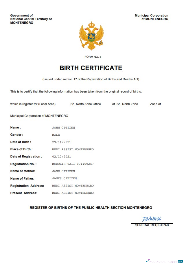Редактируемый Скачать Черногория Birth Certificate Word и PDF Шаблон Photoshop Шаблон
