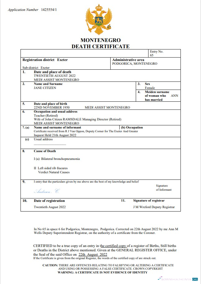 Премиум Скачать Черногория Death Certificate Word и PDF Шаблон Photoshop Шаблон