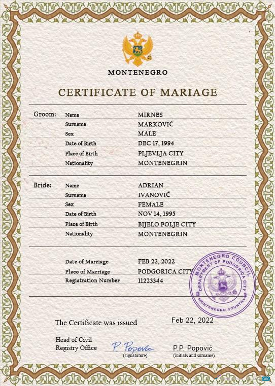 Редактируемый Скачать Черногория Marriage Certificate PSD Шаблон Photoshop Шаблон
