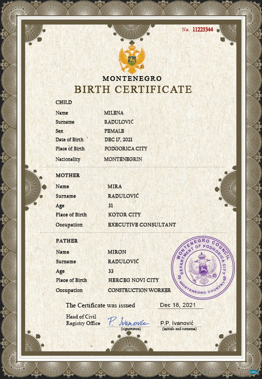 Реалистичный Скачать Черногория Vital Record Birth Certificate PSD Шаблон Photoshop Шаблон