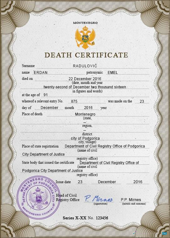 Реалистичный Скачать Черногория Vital Record Death Certificate PSD Шаблон Photoshop Шаблон