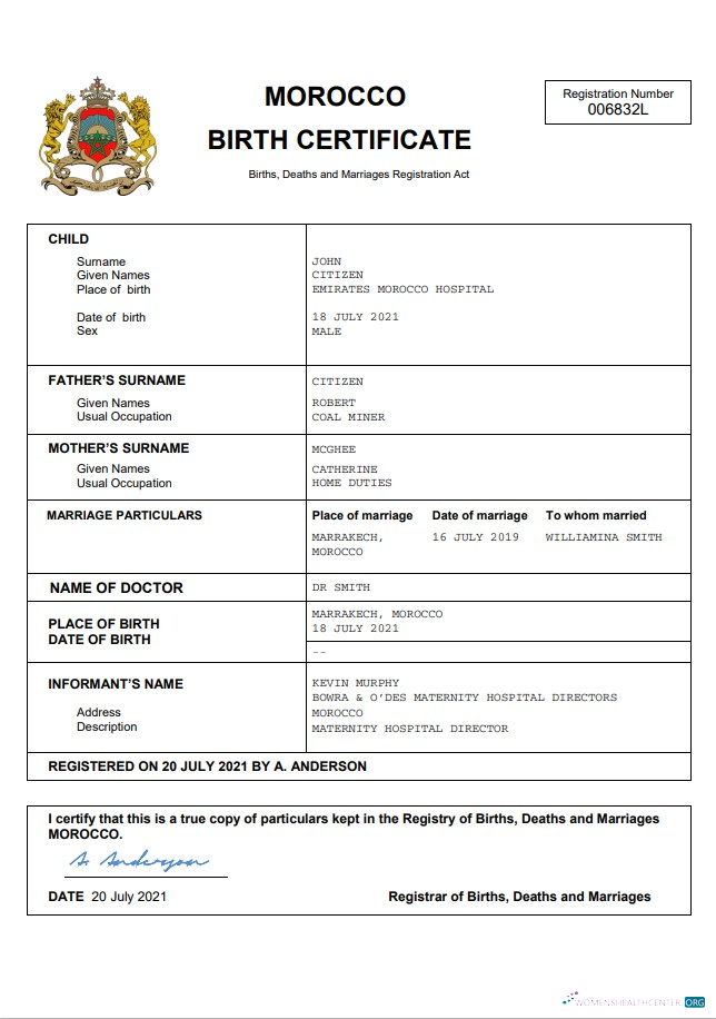 Реалистичный Скачать Марокко Vital Record Birth Certificate Word и PDF Шаблон Photoshop Шаблон
