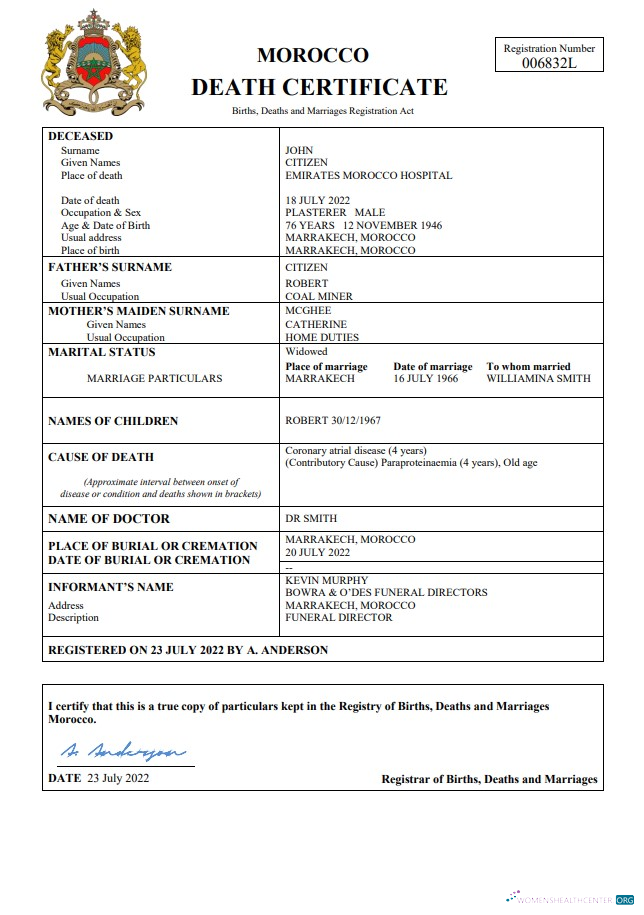 Премиум Скачать Марокко Vital Record Death Certificate Word и PDF Шаблон Photoshop Шаблон