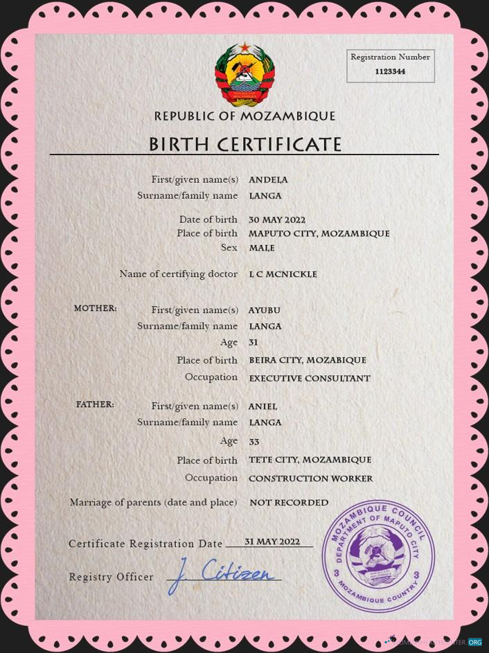 Профессиональный Скачать Мозамбик Birth Certificate PSD Шаблон Photoshop Шаблон
