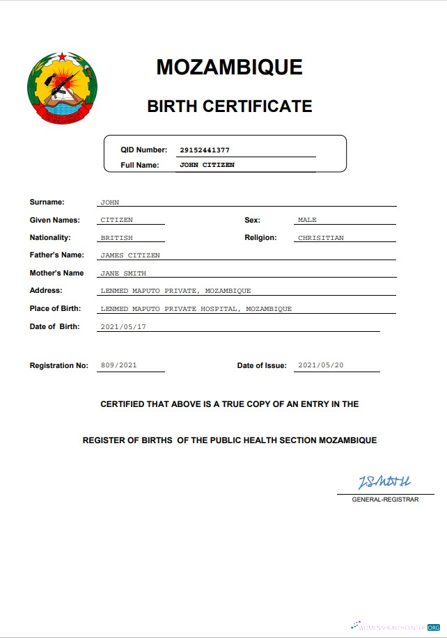 Профессиональный Скачать Мозамбик Birth Certificate Word и PDF Шаблон Photoshop Шаблон