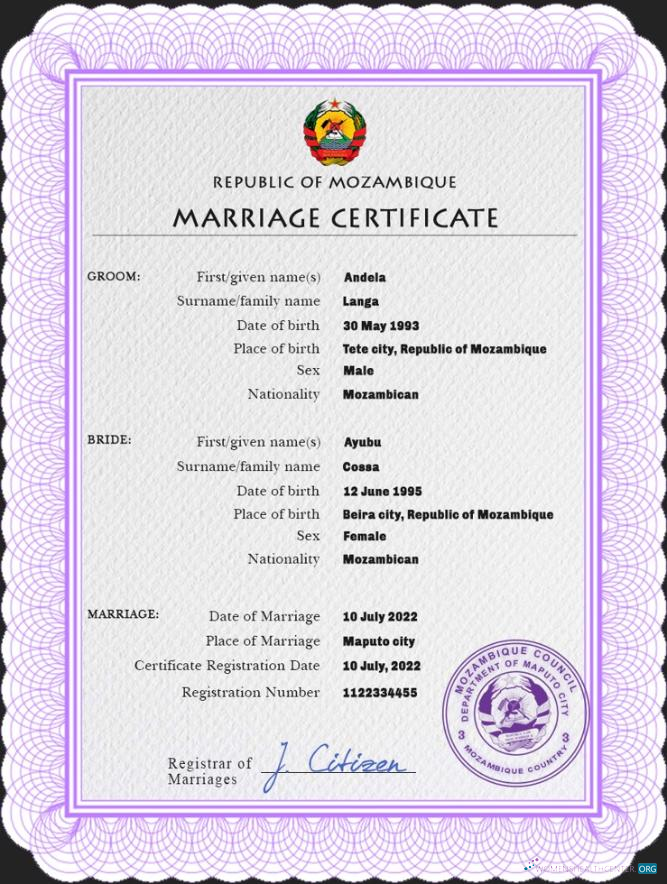 Редактируемый Скачать Мозамбик Marriage Certificate PSD Шаблон Photoshop Шаблон