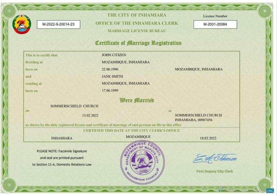 Профессиональный Скачать Мозамбик Marriage Certificate Word и PDF Шаблон Photoshop Шаблон