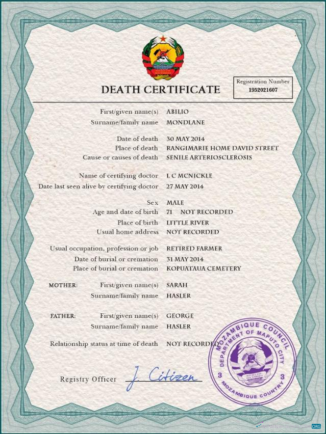 Премиум Скачать Мозамбик Vital Record Death Certificate PSD Шаблон Photoshop Шаблон