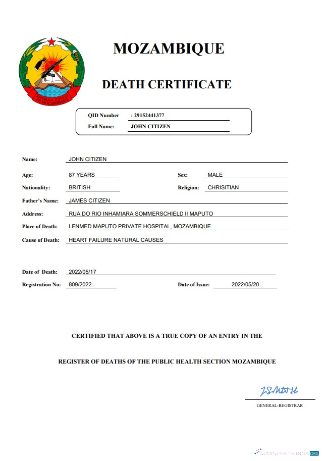 Профессиональный Скачать Мозамбик Vital Record Death Certificate Word и PDF Шаблон Photoshop Шаблон