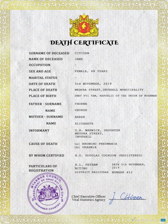 Редактируемый Скачать Мьянма Death Certificate PSD Шаблон Photoshop Шаблон