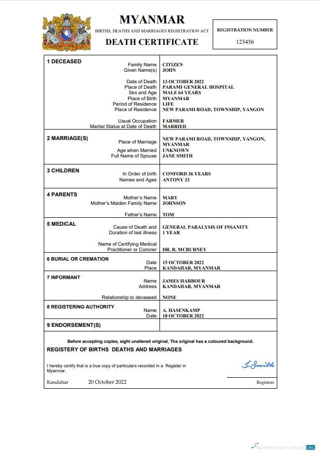 Профессиональный Скачать Мьянма Death Certificate Word и PDF Шаблон Photoshop Шаблон