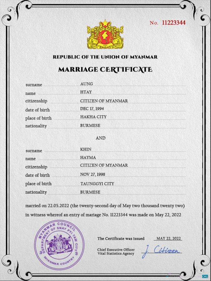 Профессиональный Скачать Мьянма Marriage Certificate PSD Шаблон Photoshop Шаблон