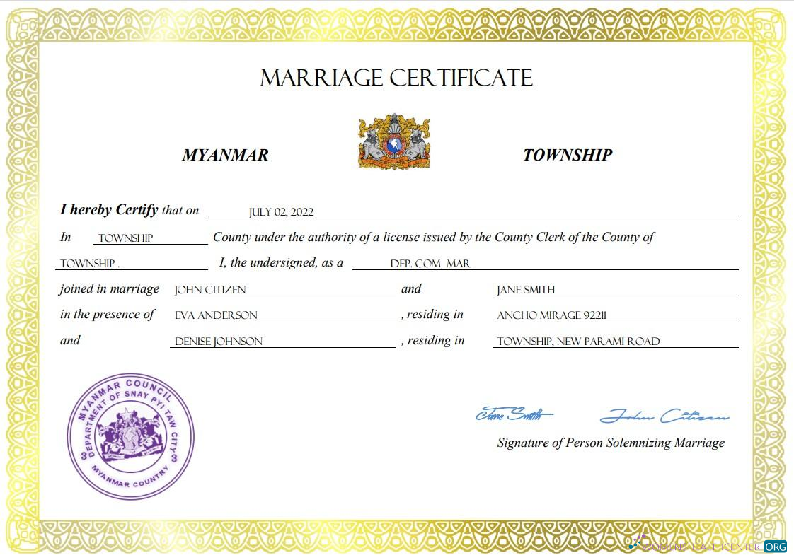 Реалистичный Скачать Мьянма Marriage Certificate Word и PDF Шаблон Photoshop Шаблон
