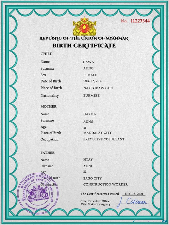 Профессиональный Скачать Мьянма Vital Record Birth Certificate PSD Шаблон Photoshop Шаблон