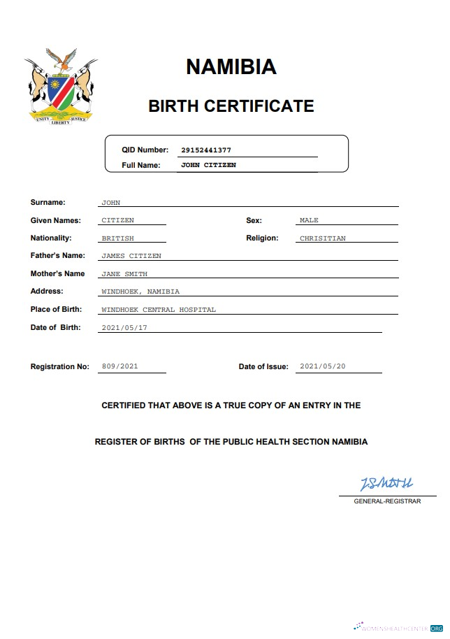 Качественный Скачать Намибия Birth Certificate Word и PDF Шаблон Photoshop Шаблон