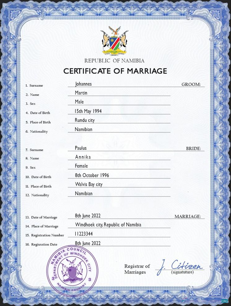 Редактируемый Скачать Намибия Marriage Certificate PSD Шаблон Photoshop Шаблон