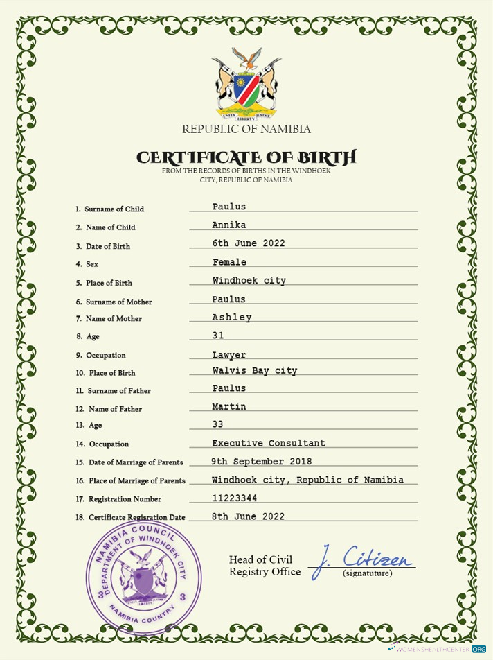 Качественный Скачать Намибия Vital Record Birth Certificate PSD Шаблон Photoshop Шаблон