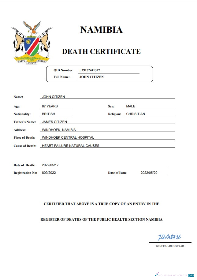 Реалистичный Скачать Намибия Vital Record Death Certificate Word и PDF Шаблон Photoshop Шаблон