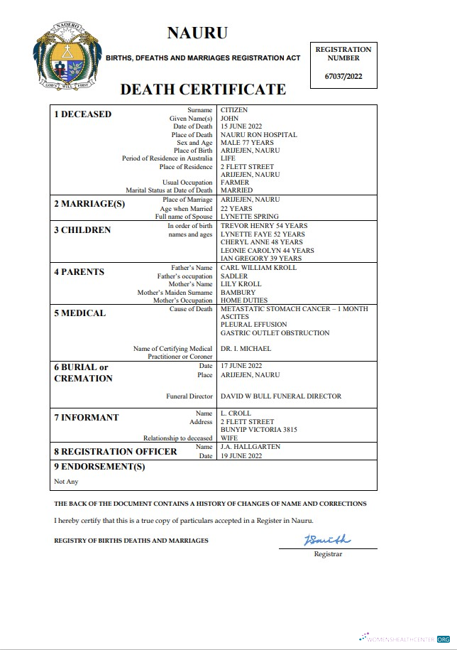 Качественный Скачать Науру Death Certificate Word и PDF Шаблон Photoshop Шаблон
