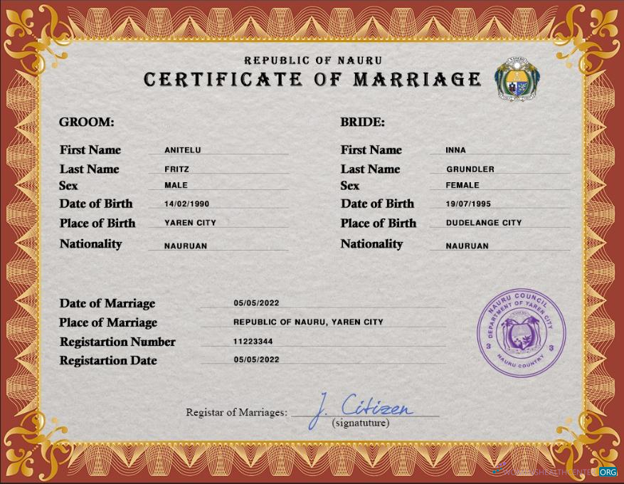 Профессиональный Скачать Науру Marriage Certificate PSD Шаблон Photoshop Шаблон